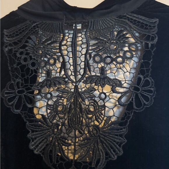 Cardigan Black Velvet Floral Lace ONE WORLD W P Large Open Front Top Whimsigoth - Picture 7 of 8